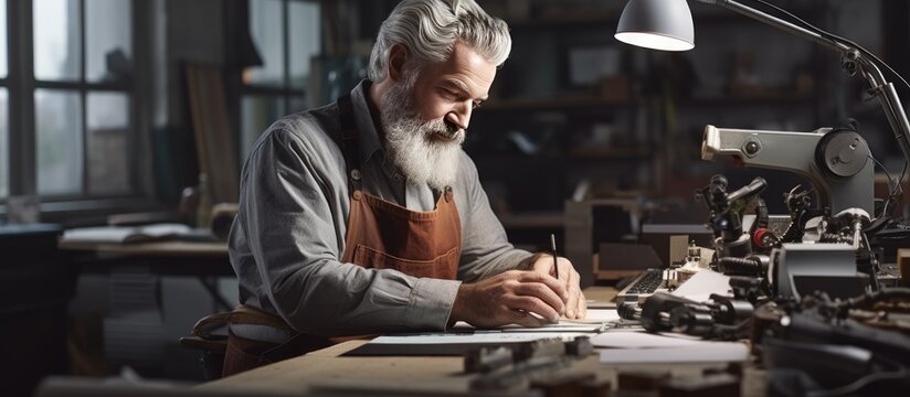 Senior craftsman examining arm prosthetics in workshop with laptop nearby for reference empty area