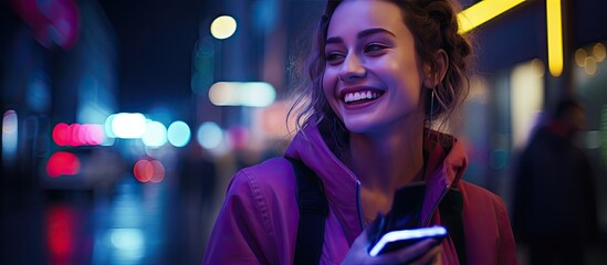 Glowing portrait of young woman on smartphone at night in city full of neon lights