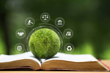 Environment Law. Green globe placed on a law book with icons. law for principles of sustainable...