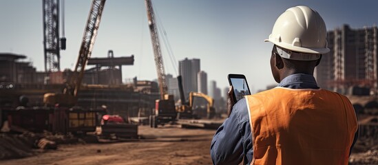 Fototapeta premium African man on phone with construction site background industry concept