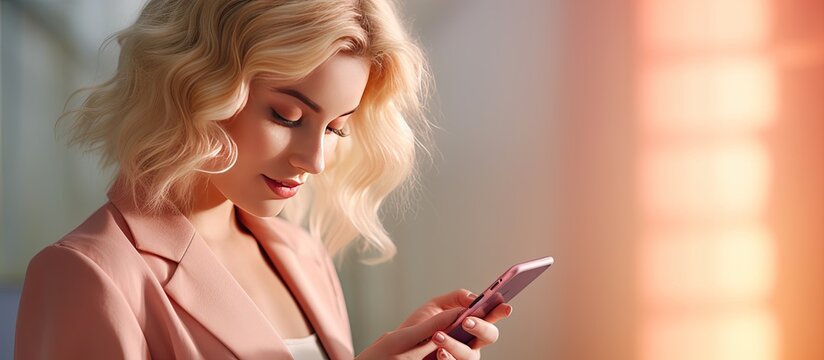 Blonde young woman using smartphone holding cell phone Copy space for banner design concept