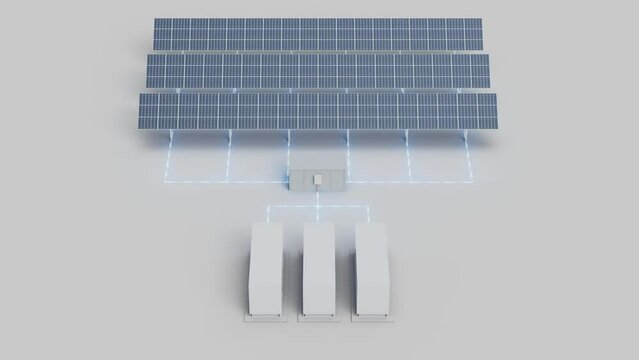 A small array of solar panels connected to energy storage. Electricity generated by the solar panels is charging the batteries. Front view. Looping video.	