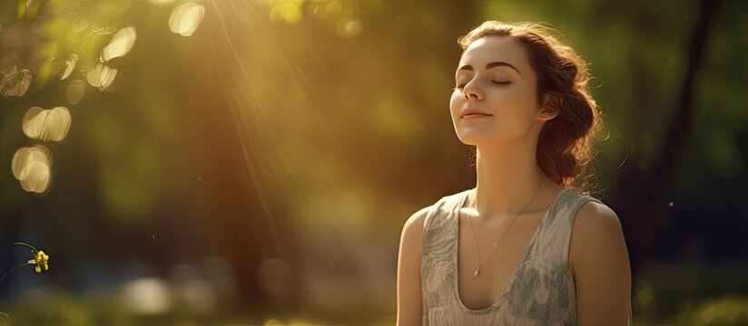 Young woman smiling adoring yoga feeling alive free from obligations peaceful eyes shut in park copy space