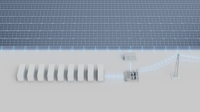 A large solar farm connected to the power grid and battery storage. Solar panel-generated electricity is directed to the grid and simultaneously stored in the batteries. Front view. Looping video.