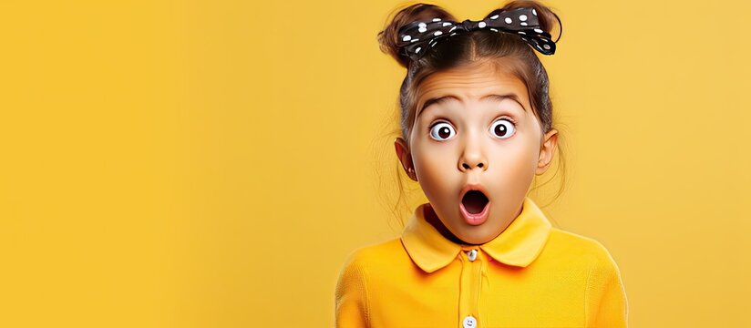 Naklejki Surprised girl with ponytails pointing at empty space for promotion on a yellow background