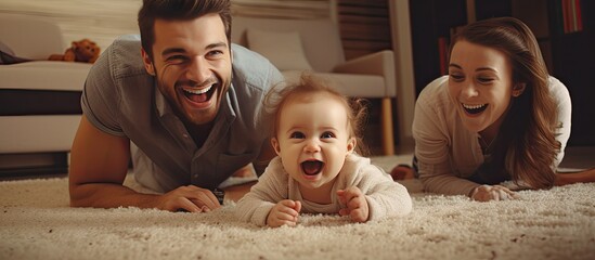 Two adults playing with their young baby girl who is lying on the carpet