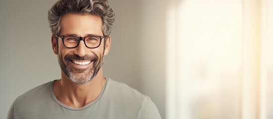 A joyful adult white man with a beard and glasses stands happily at home with room for text - obrazy, fototapety, plakaty