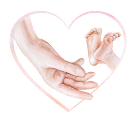 Parental maternal hands hold the legs of a newborn in a frame in the shape of a heart. Mom and baby. Baby shower. Watercolor illustration isolated on white background