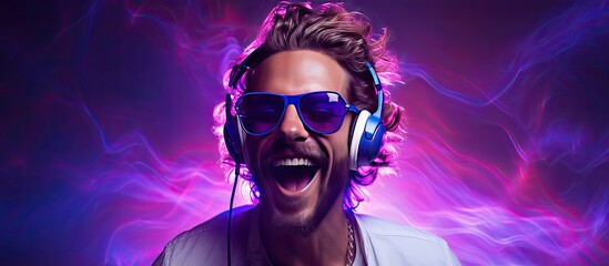 Man dancing and listening to music with headphones DJ s happiness and smile hipster lifestyle...
