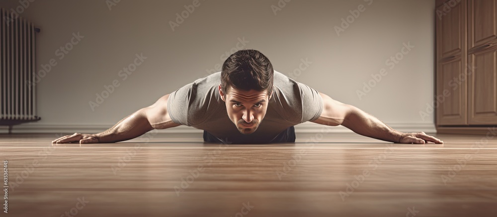 Poster man doing push ups with empty area