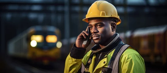 Fototapete Eisenbahn Serious black maintenance worker on railway tracks talking on phone copy space
