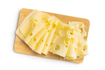 Slices of cheese on cutting board isolated on white background.