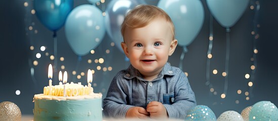 Happy 1 year old boy holding a birthday cake celebrating first birthday
