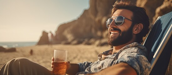 Young man sitting on beach rocks near ocean smiling and relaxing on camping chair enjoying his time in sunglasses - Powered by Adobe