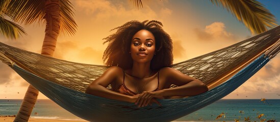 African American woman on hammock anguilla independence day beach vacations nature celebration freedom and identity concept - Powered by Adobe