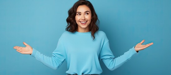 A happy young woman with open hands is pointing and smiling suggesting an advertisement