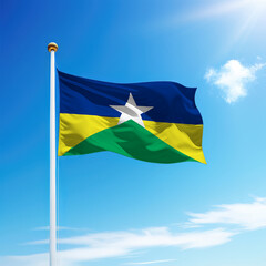 Waving flag of Rondonia is a state of Brazil on flagpole