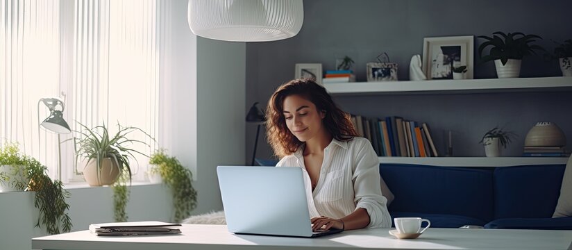 Young woman student working with laptop at home smiling in stylish Scandinavian interior