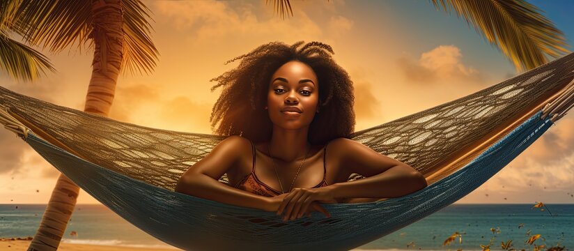 African American woman on hammock anguilla independence day beach vacations nature celebration freedom and identity concept
