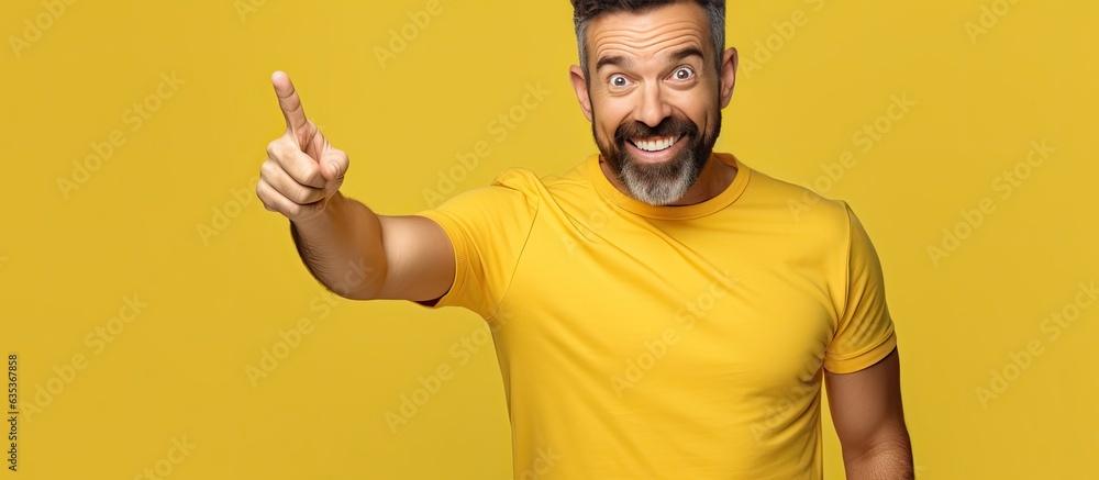 Aufkleber happy man gesturing to empty space with hands offering advertising opportunities isolated on yellow 