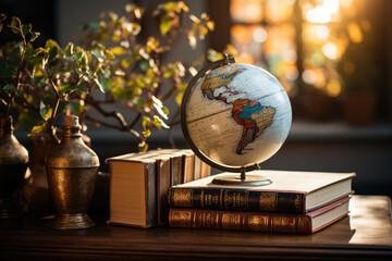 Backlit images of open books on a table with a globe as a background, with selective focus and shallow depth of field. Reflects the concepts of education. Generative Ai.