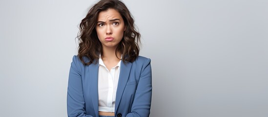 Worried brunette secretary in blue jacket on white background