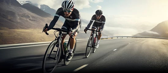 Rolgordijnen Cyclists on racing bikes with helmets taking a break on the highway © HN Works