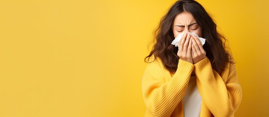 Ill woman with flu isolated on yellow background sneezing and blowing nose - obrazy, fototapety, plakaty