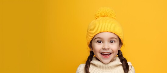 Happy girl with ponytails wearing beanie hat standing isolated over yellow background presenting copy space for promotion