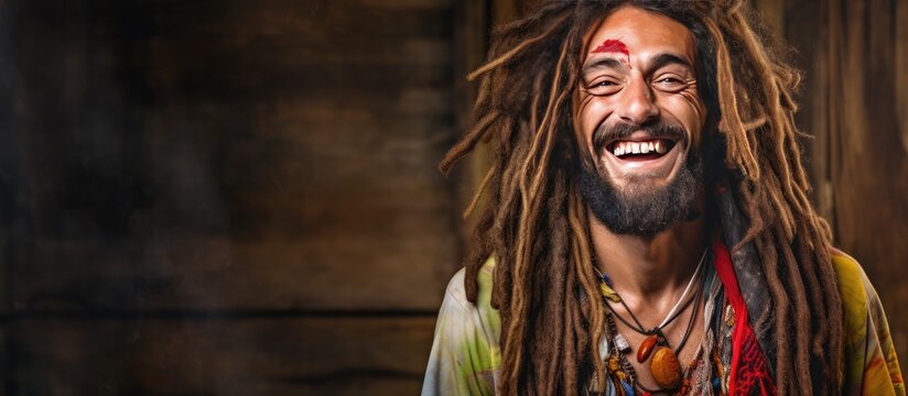 Smiling man resembling a hippie rastaman on grunge background