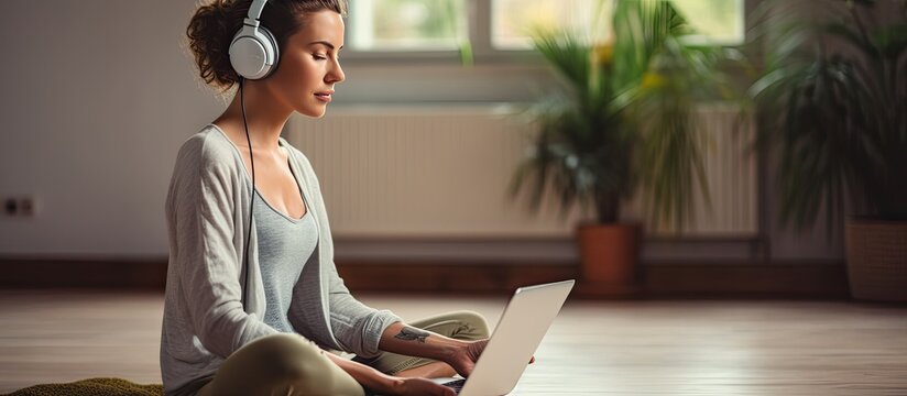 A Caucasian millennial woman using headphones and a laptop for online guided meditation at home