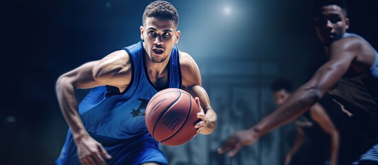Biracial male basketball players in blue sportswear shooting basketball in a gym unedited empty area