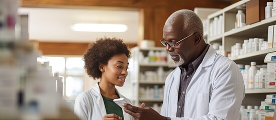 Obraz premium Mature African American man purchasing medicine from pharmacist in diverse drugstore