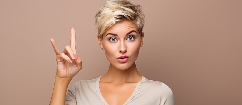 Caucasian woman with short hair selects one copy space pointing with finger