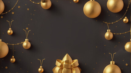 Create a black and gold Christmas background adorned with holiday ornaments