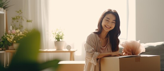 Woman with short hair happily unpacking in cozy bedroom of new home with window and empty space