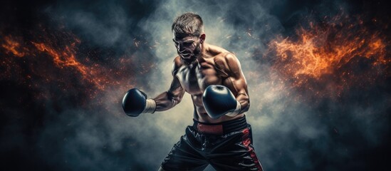 Muay Thai boxer fighting with gloves smoke and sparks in isolated background with copy space