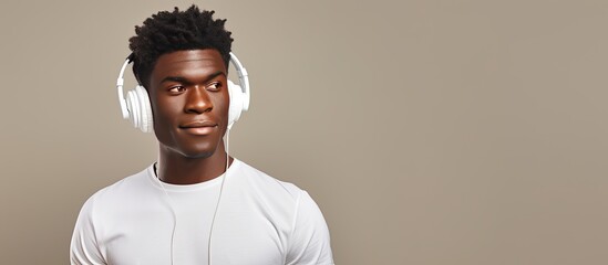 African man in white t shirt listening to music white headphones studio background