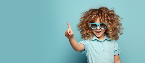 Funny preteen girl with serious expression promotes children s product on blue background