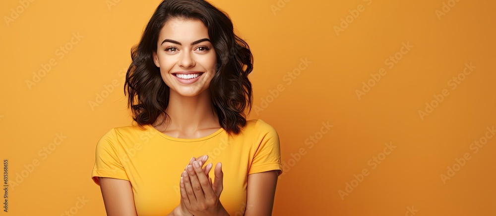 Poster Smiling happy woman indicates idea with hand in open space
