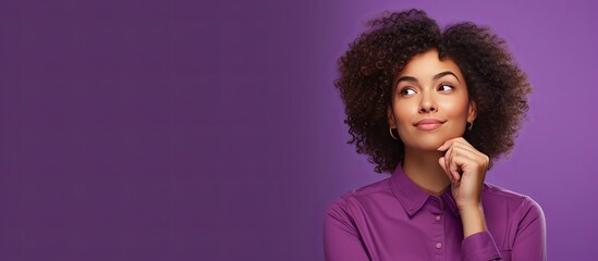 Thoughtful woman on purple background contemplates decision evaluates advertisement - Powered by Adobe