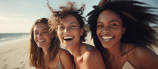 Multiracial ladies happily spending time together at the beach enjoying their vacation by the ocean