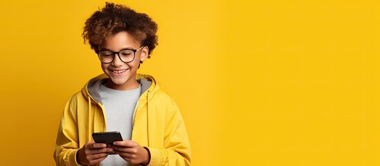Preteen boy in glasses with backpack using tablet for online education