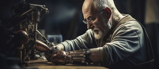 Senior man building arm prosthetics measuring parts in workshop
