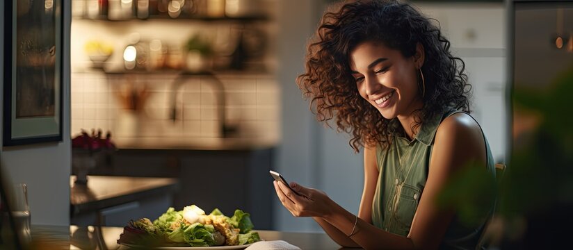 Happy Young Woman Multitasking On Smartphone While Eating In Kitchen Engaging In Messaging Social Media Or Online Shopping Available Area For Content