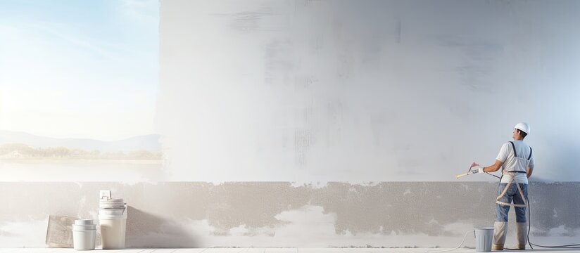 A construction worker sands plasterboard walls with stucco wearing safety gear