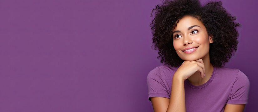 Thoughtful woman on purple background contemplates decision evaluates advertisement