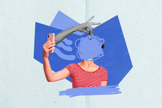 Photo template collage of scribble complicated woman faceless anonymous hold phone recording selfie video isolated on blue background