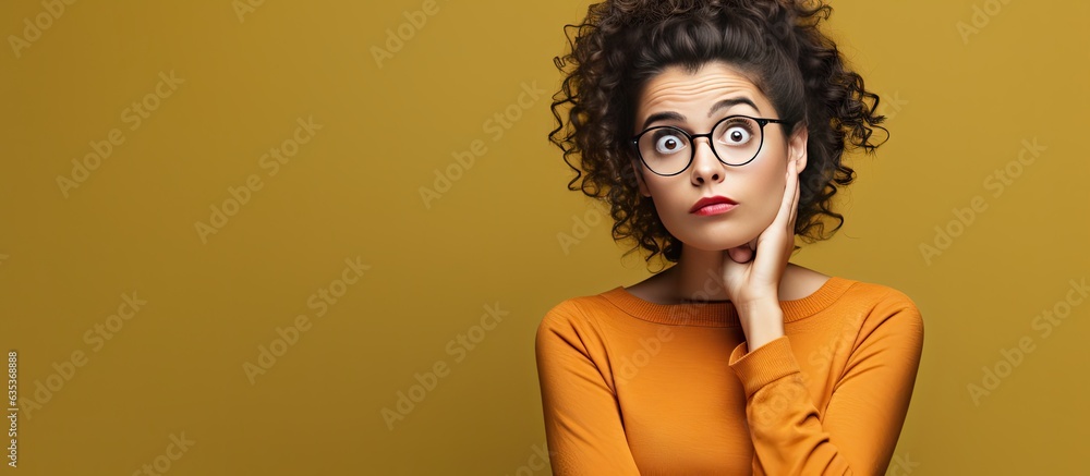 Poster Doubtful pretty woman with a confused expression searching for answers