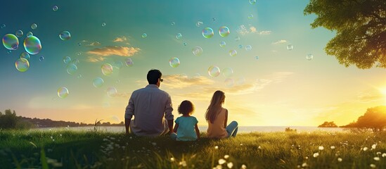 Family enjoying picnic and blowing bubbles at sunset in park text space Banner layout